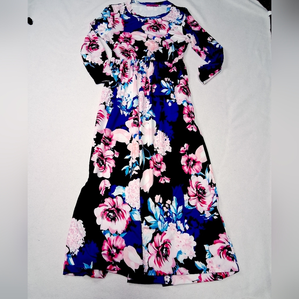 Ruiyige Vibrant Floral Kids Dress - Black, Pink, and Blue